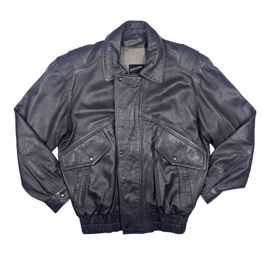 Vintage Black Leather Bomber Jacket (M)