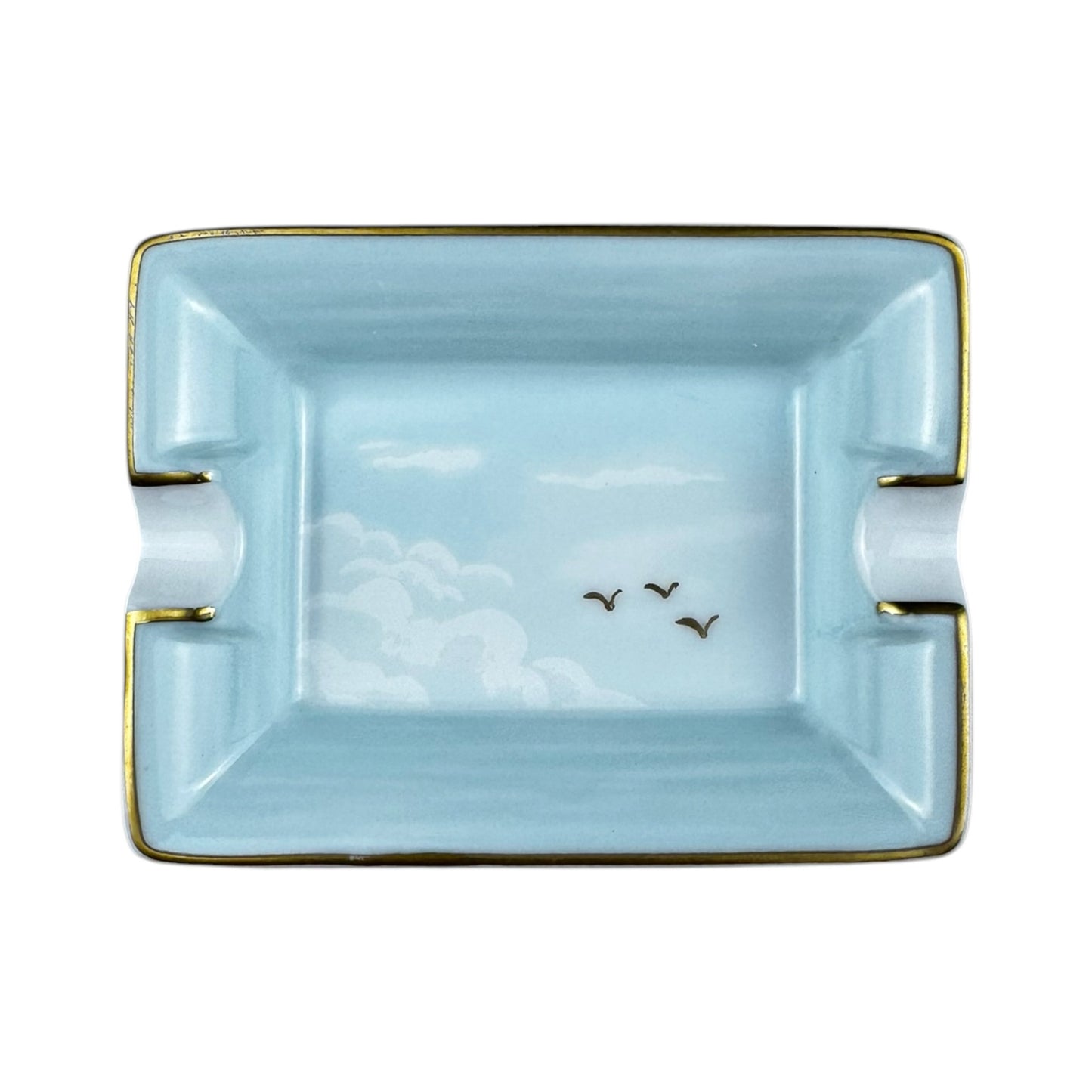 Hermés Tiny Sky Blue Porcelain Ashtray with Cloud Motif – Gold Rim