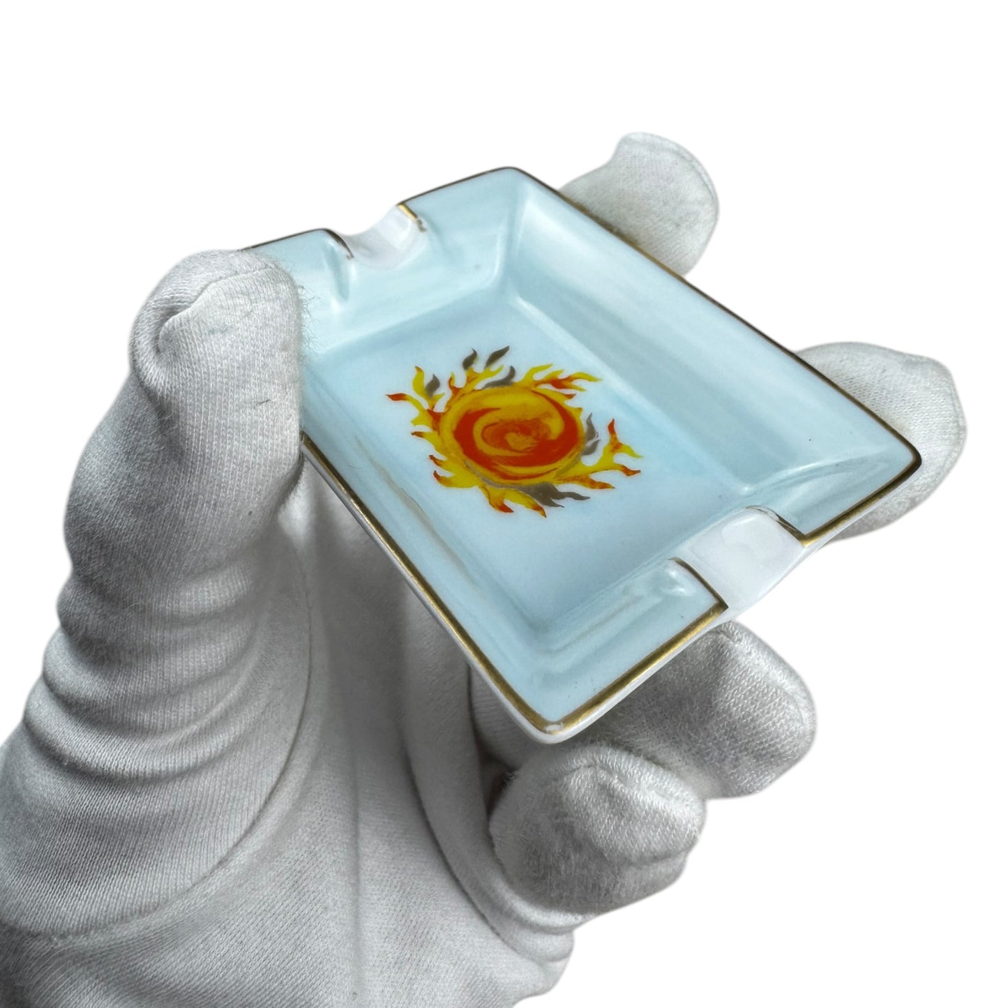 Hermés Tiny Sky Blue Porcelain Ashtray with Sun Motif – Gold Rim
