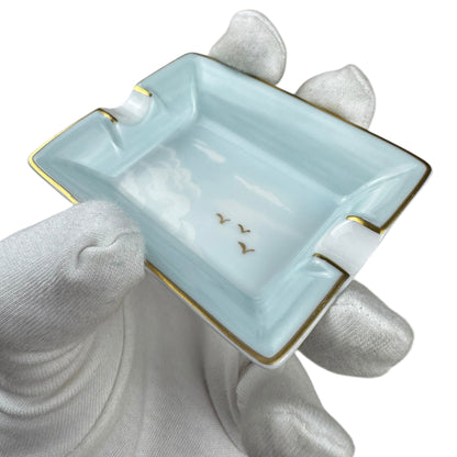 Hermés Tiny Sky Blue Porcelain Ashtray with Cloud Motif – Gold Rim