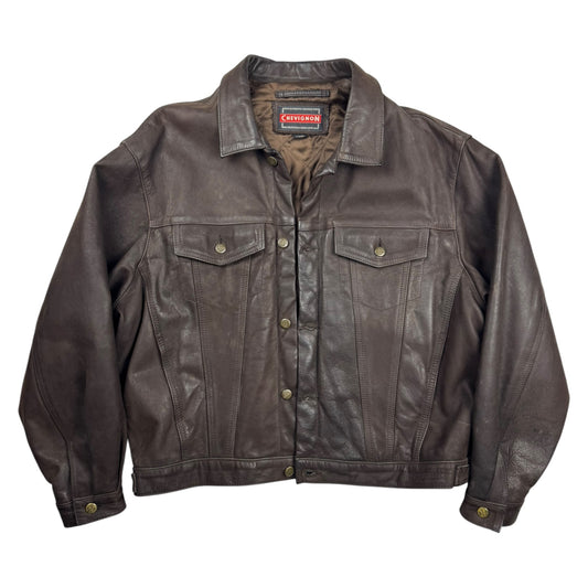Chevignon Waxed Dark Brown Nubuck Leather Trucker Jacket (XL)
