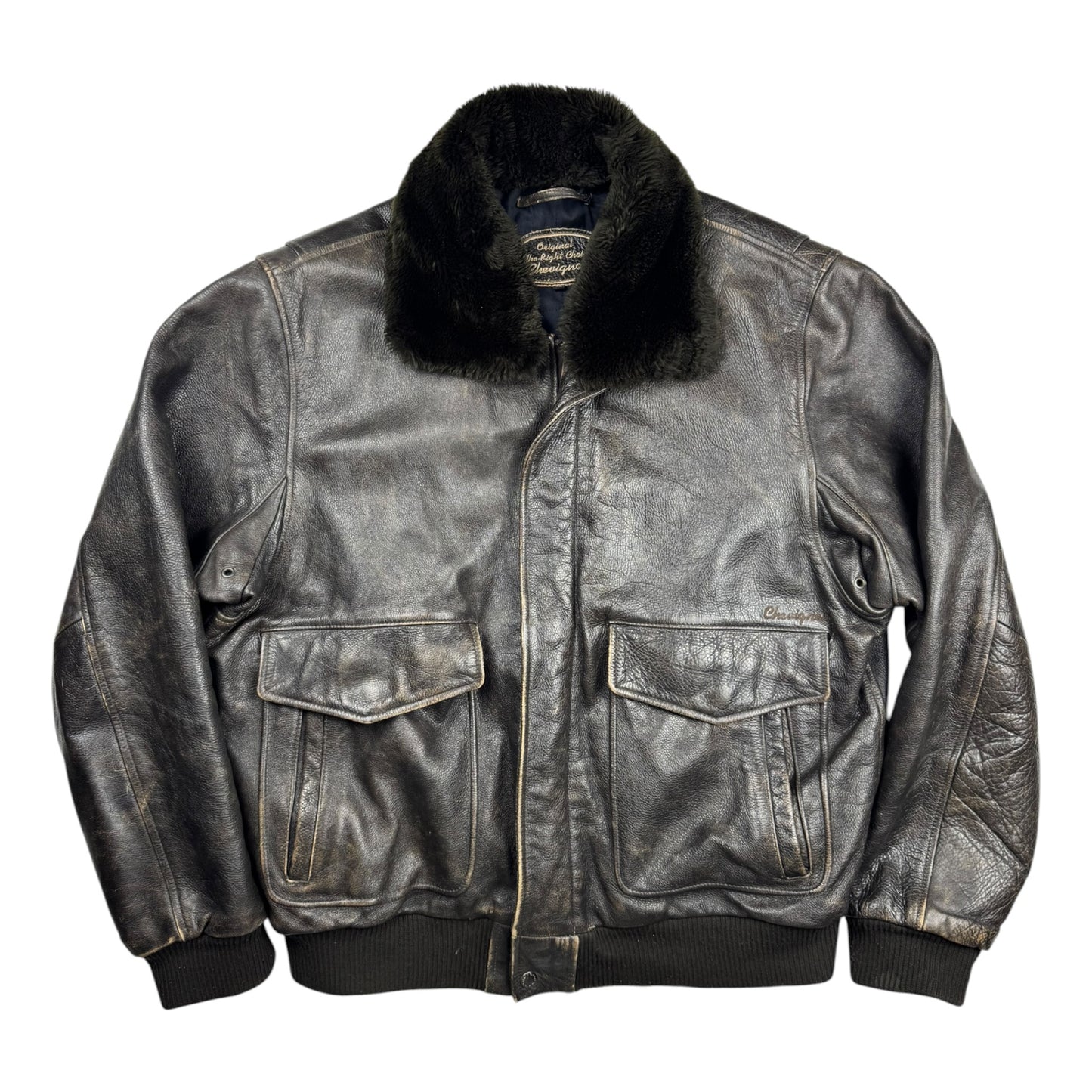 Chevignon Fur Collar Cow Leather Bomber Jacket (XL)