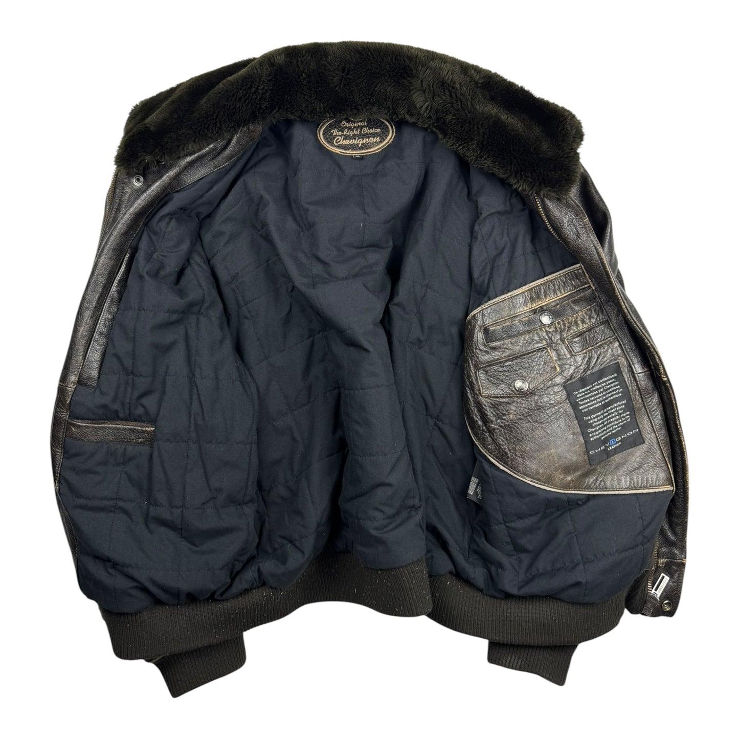 Chevignon Fur Collar Cow Leather Bomber Jacket (XL)